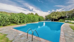 A rectangular swimming pool with a stone border, surrounded by lush greenery and trees. - 60 sq m - Living room with kitchenette and double sofa bed, double bedroom, bathroom with bidet and shower or bath, access to communal pool. <br>Ground floor or first floor with furnished veranda or balcony.<br>Equipped with:<br>- tv <br>- washing machin (Stintino)
