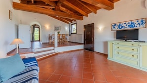 A spacious living area with a high wooden ceiling, a sofa, a dining table with chairs, and a TV on a cabinet.