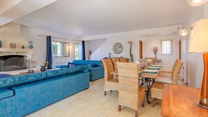 A spacious living area with a blue sofa, wicker chairs, a dining table, and a fireplace. - Stunning private villa for 8 people with A/C, WIFI, private pool, TV and terrace (Saint-raphaël)