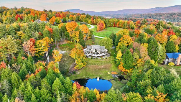 A large estate with a central house surrounded by a manicured lawn and a pond.