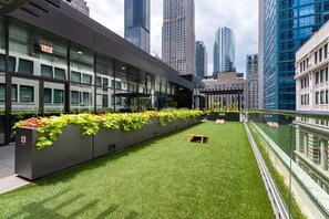 A rooftop garden with green grass and plants, a bench, and a glass railing overlooking a cityscape with tall buildings.