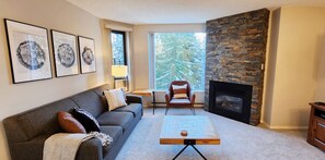 TV, fireplace - 1BR | Marquise | Dog Friendly | Close to Ski Hill | Pool | Sauna | Hot Tub | Fitness Suite | A/C (Whistler)