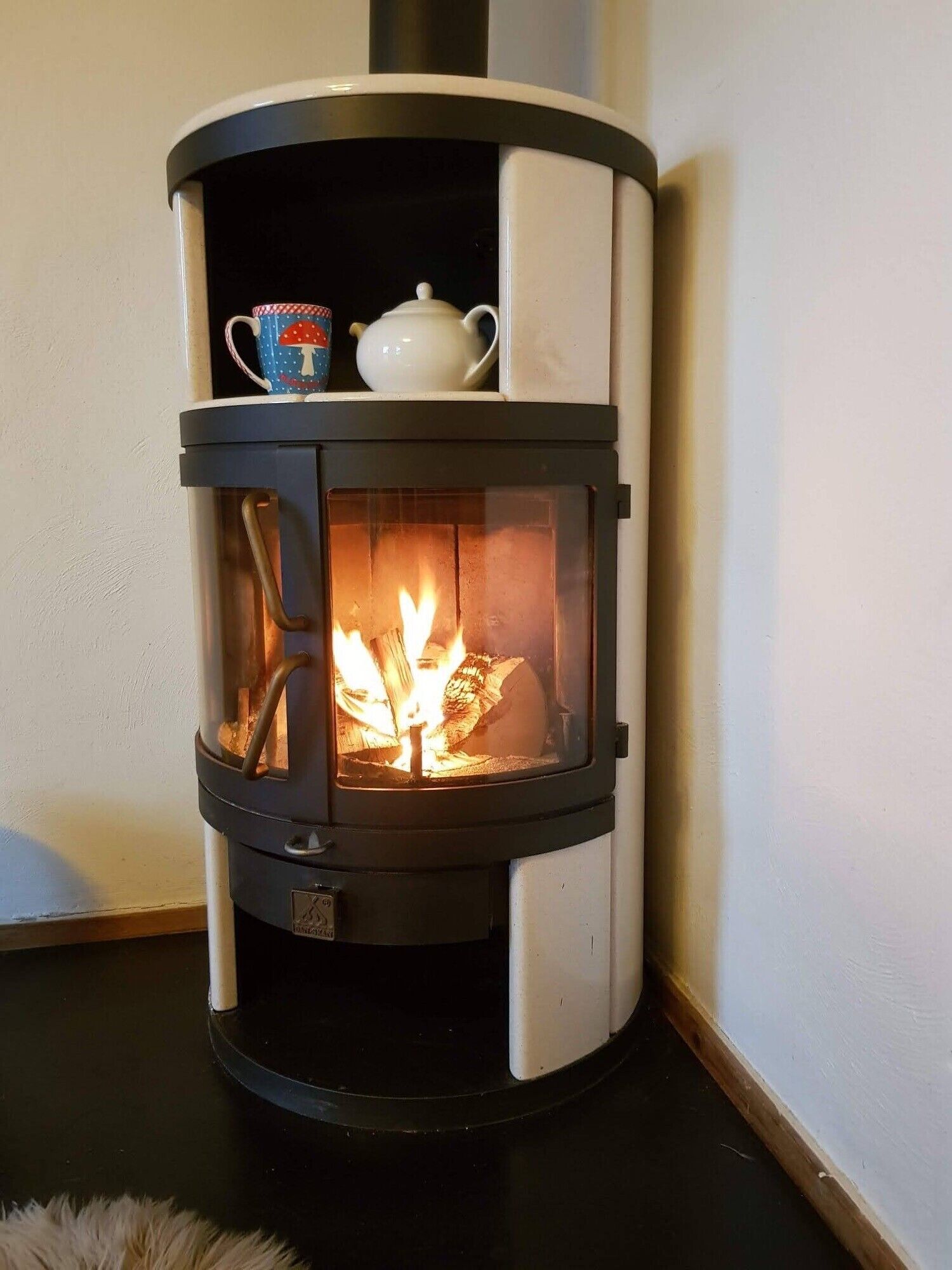 A wood-burning stove with a glass door, a white pot, and a blue mug on top.