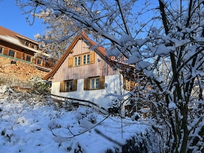 Perinteinen puutalo, jossa on kalteva katto, ja jonka ympärillä on lumipeitteisiä puita ja kirkas, sininen taivas.