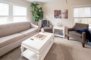 Smart TV, fireplace, books