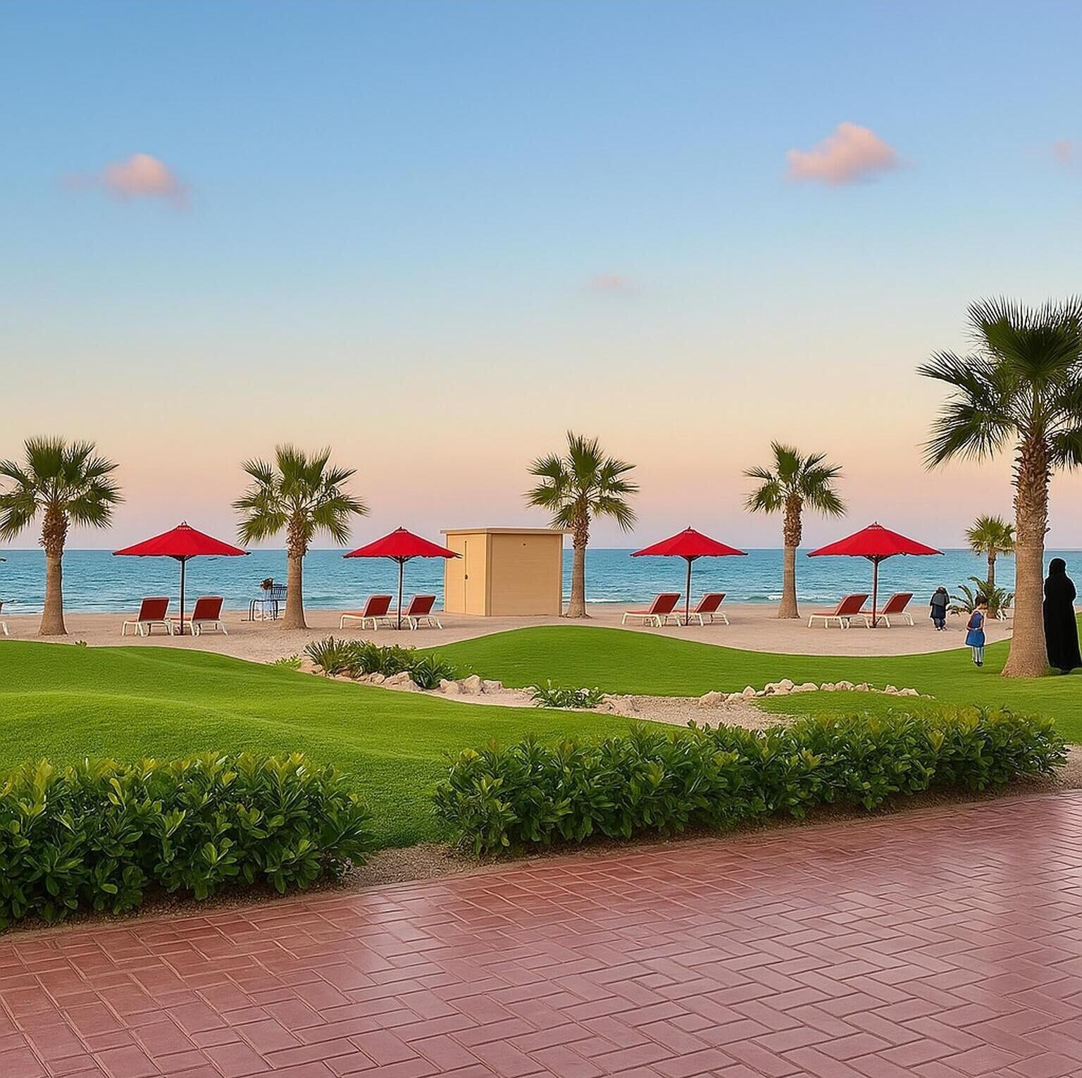 Un resort sulla spiaggia con ombrelloni rossi, palme e vista sul mare.