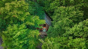 Ein abgelegenes Häuschen, umgeben von dichtem Wald.
