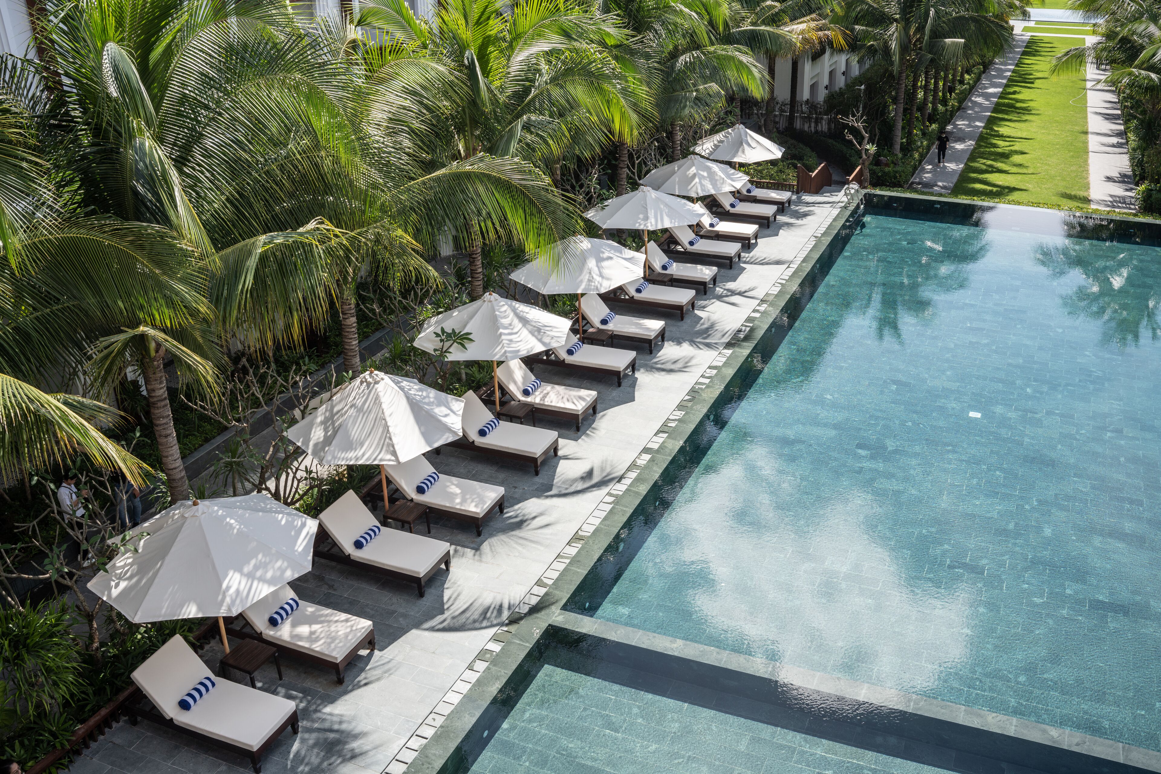 A poolside area with sun loungers and umbrellas, surrounded by palm trees.