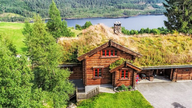 A log cabin with a stone chimney, surrounded by a lush green landscape and a lake. - Lindefjeldbu by Interhome (Eikerapen)