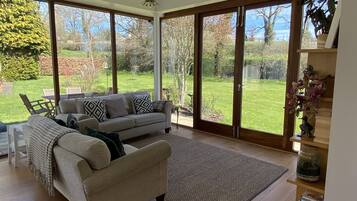 Smart TV, fireplace, books, video library