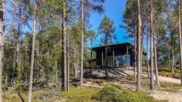 A modern cabin surrounded by tall pine trees in a forest. - Villa paadar by Interhome (Inari)