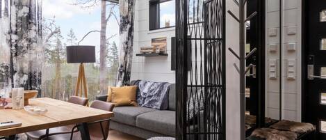 Télévision, cheminée, chaîne hi-fi