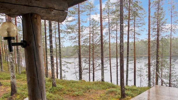Een houten terras met uitzicht op een bos en een waterpartij.