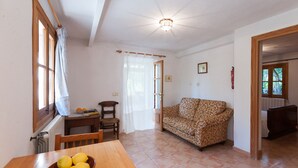 A living room with a patterned sofa, a dining table with a bowl of lemons, a wooden chair, and a window with curtains. - Apartment 1 bedroom (Sineu)