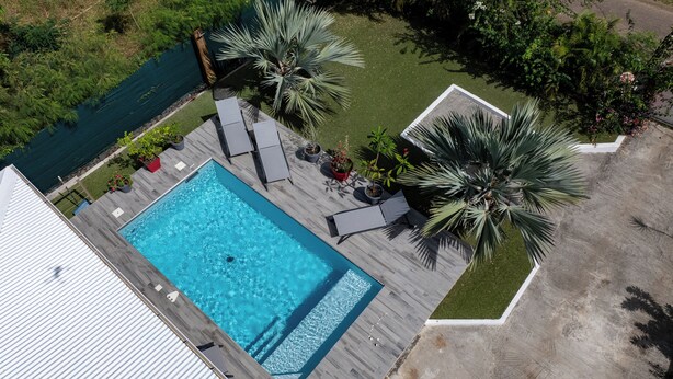 An aerial view of a rectangular swimming pool with a wooden deck, surrounded by palm trees and potted plants. - Villa rouge les p'tits noirmoutrins saint François  (Saint-François)