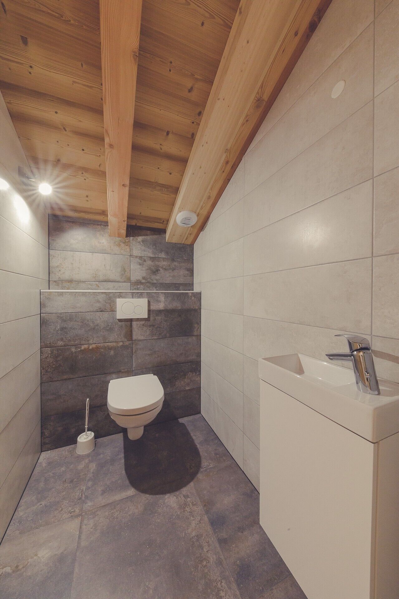 Un baño con techo de madera, un inodoro, un lavabo y una lámpara de pared.