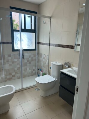 Shower, hair dryer, towels