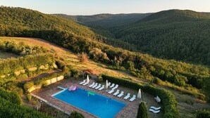 Ein Schwimmbecken, umgeben von Liegestühlen und Sonnenschirmen, mit sanften Hügeln und dichtem Wald im Hintergrund.