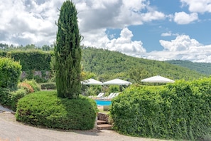 Un espace piscine agrémenté de chaises longues et de parasols, entouré d’arbustes bien entretenus et d’un grand arbre.