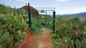 A gate with a sign reading 'Villa Navarro' leading to a path surrounded by cacti.