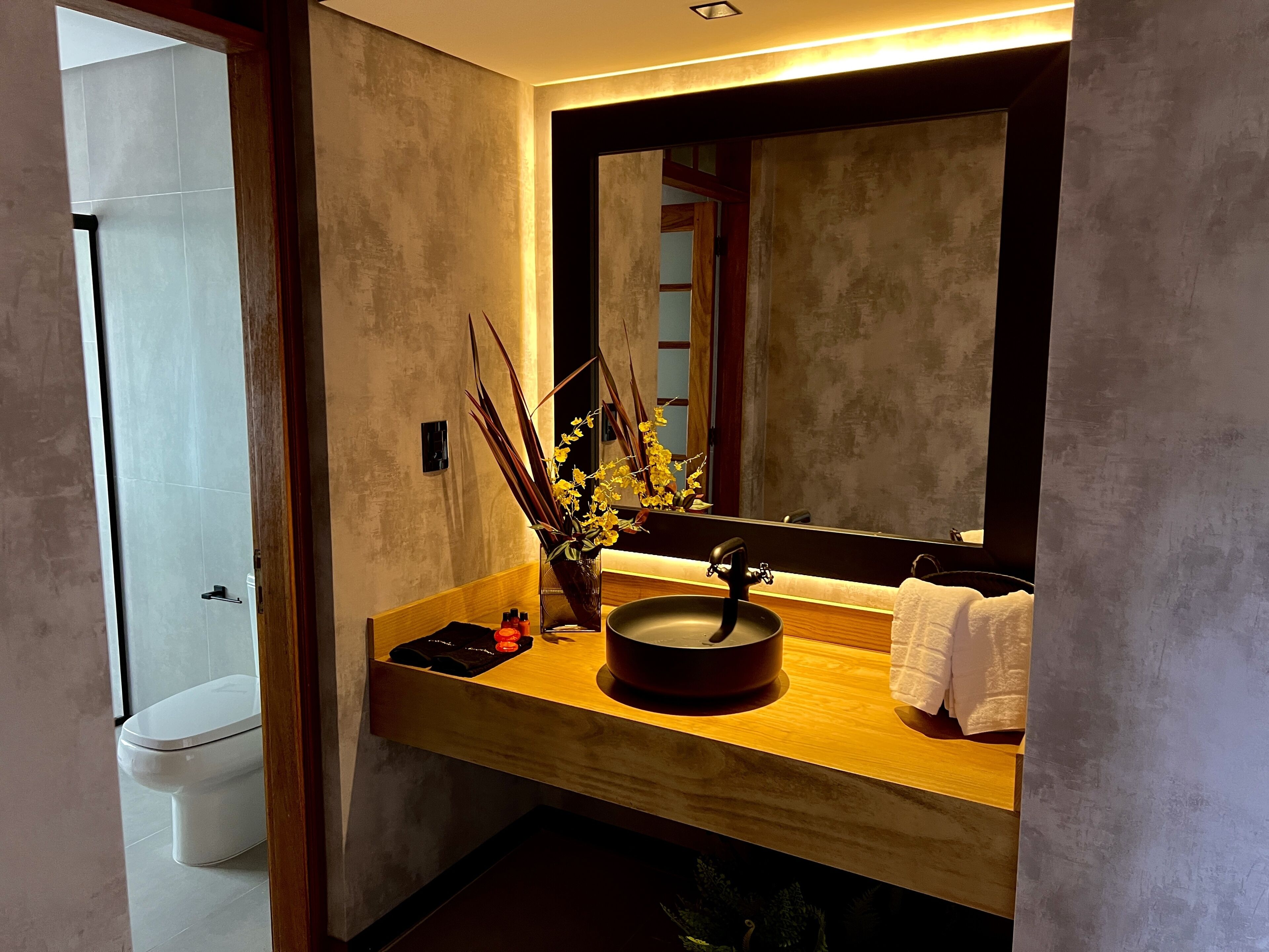 Une salle de bain moderne avec un meuble-lavabo en bois, un grand miroir et des toilettes visibles au fond.