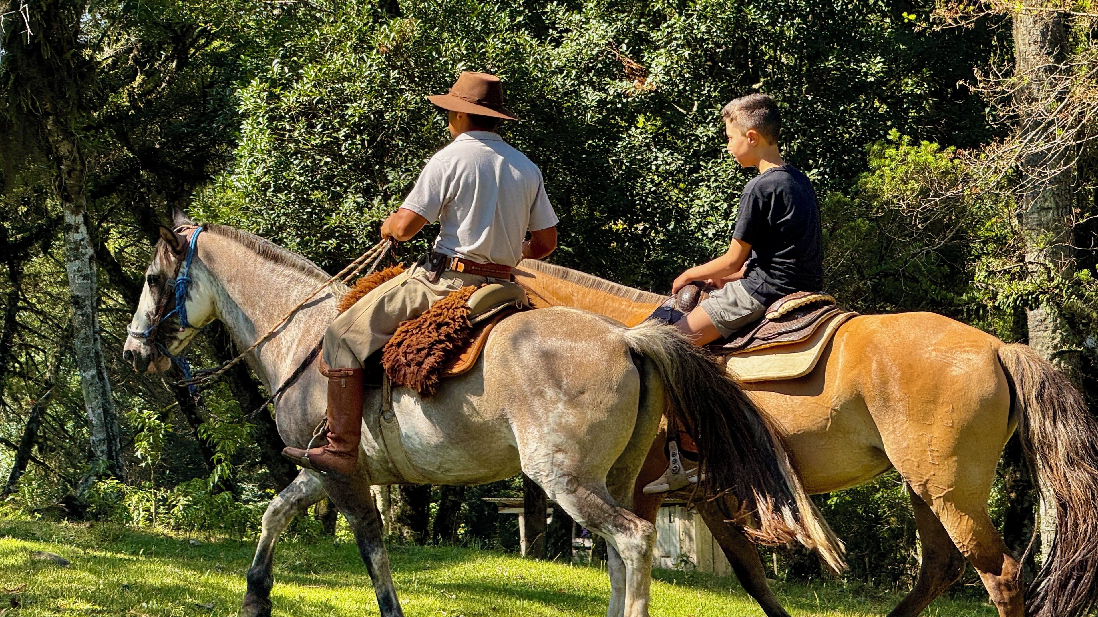 A man and a boy riding a horse through a forested area.
