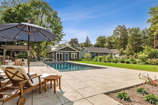 Large in-ground pool, patio furniture and Coach house
