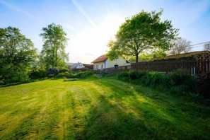 A well-maintained lawn with a wooden fence and a house in the background.