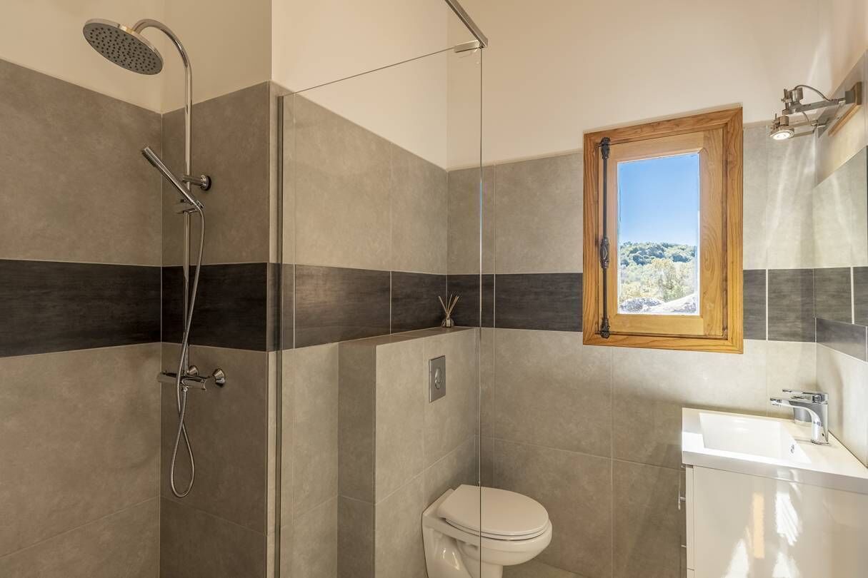 A modern bathroom with a shower, toilet, and sink.