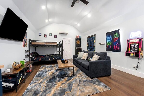 Smart TV, fireplace, video games, table football