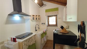 Cabin | Private kitchen | Full-sized fridge, microwave, stovetop, espresso maker