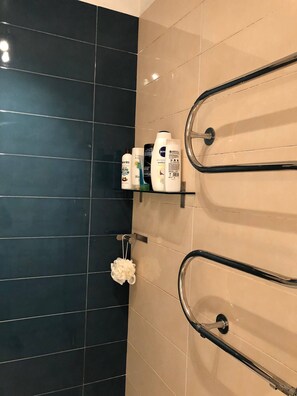Douche, sèche-cheveux, serviettes fournies, savon