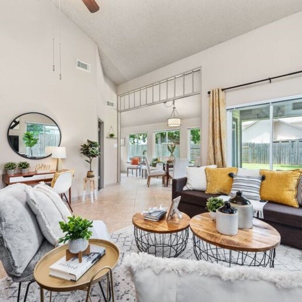 TV connectée, cheminée, livres