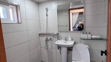 Un baño con inodoro, lavamanos, ducha y espejo.