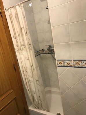 Une salle de bain avec une douche, une baignoire et une porte.