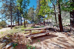 Outdoor dining - Dog-friendly townhome with mountain view, fireplace, patio, grill & W/D (Durango)
