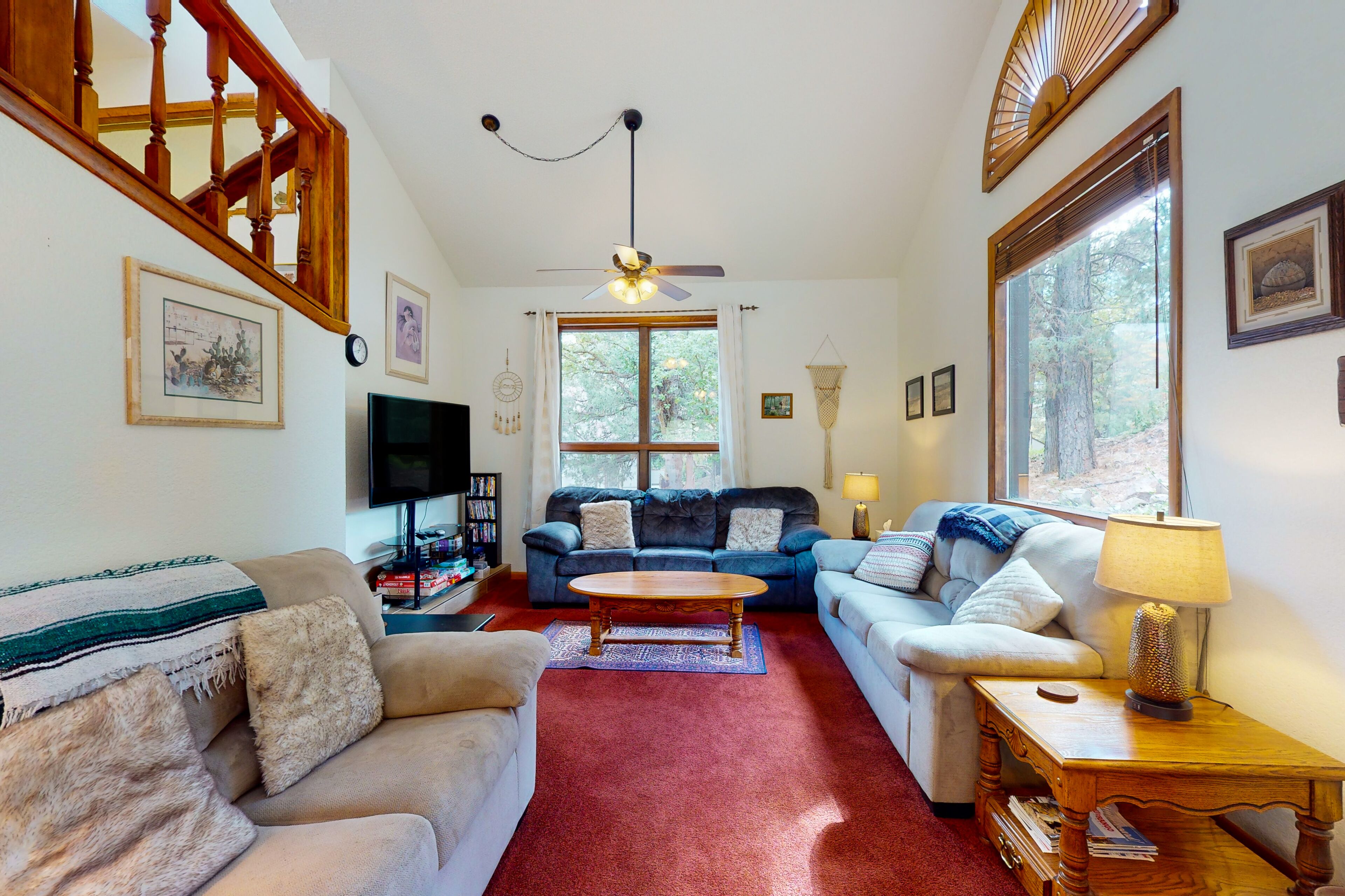 Télévision, cheminée, lecteur de DVD, livres