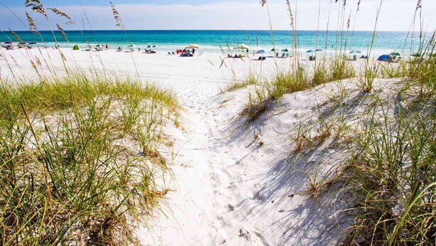 A beach path leading to the ocean with sand dunes and sparse vegetation. - Beautiful Gulf & Lake Views | Easy Walk to the Beach and Pool (Miramar Beach)