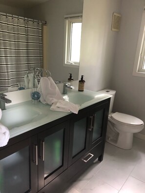 Combinazione doccia/vasca, asciugacapelli, asciugamani, sapone