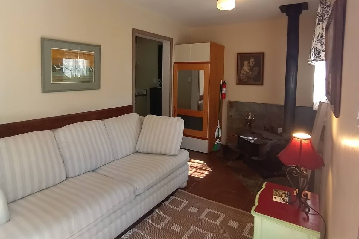 A living room with a sofa, a patterned rug, a small table with a lamp, and a fireplace.