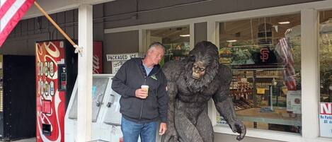 A man standing next to a statue outside a store with a Coca-Cola vending machine and a sign that reads "PACKAGED ICE".