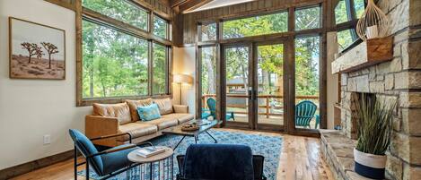 Smart TV, chimenea, libros