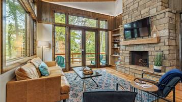 Smart TV, fireplace, books