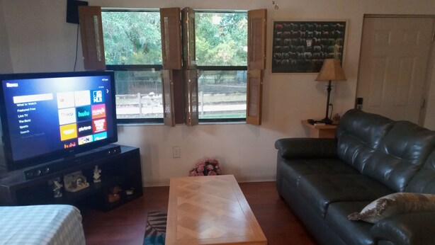 A living room with a television, a sofa, a coffee table, and a window with a view of greenery.