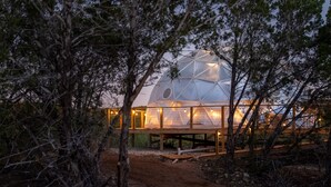 A geodesic dome structure with a wooden deck and string lights, surrounded by trees.