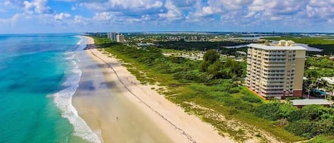 On the beach, sun-loungers, beach towels