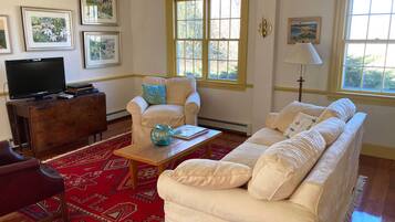 Een smart-tv, een open haard en boeken