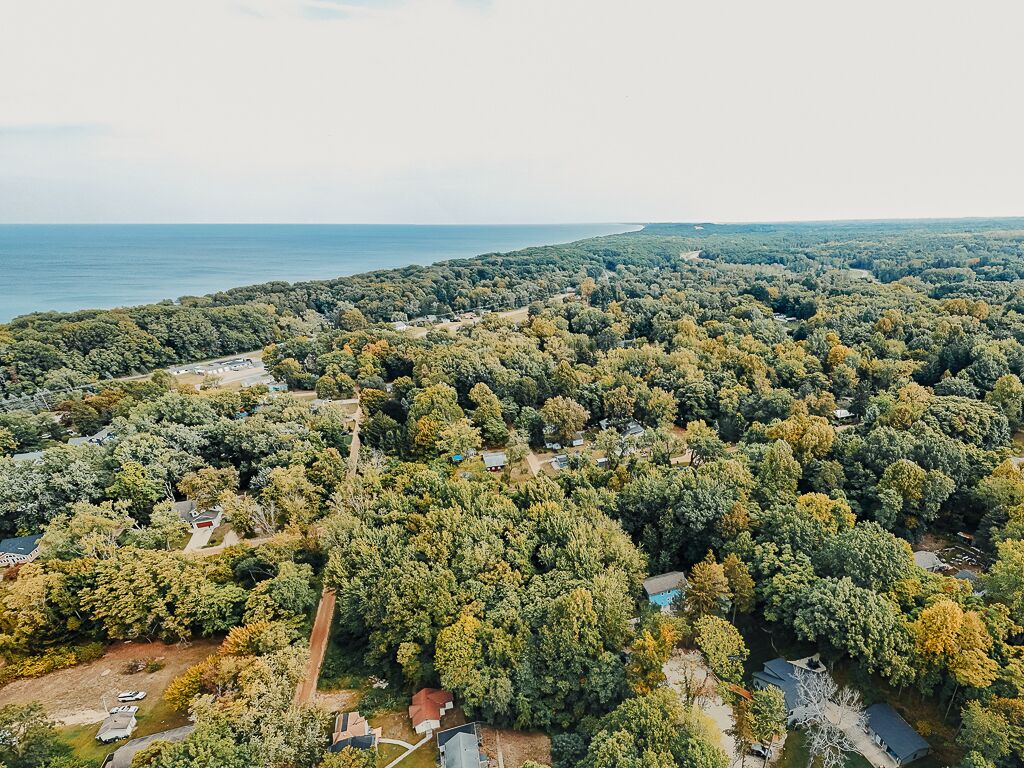 An aerial view of a residential area with houses surrounded by dense forest, a clear view of the sea, and a road running through the property.