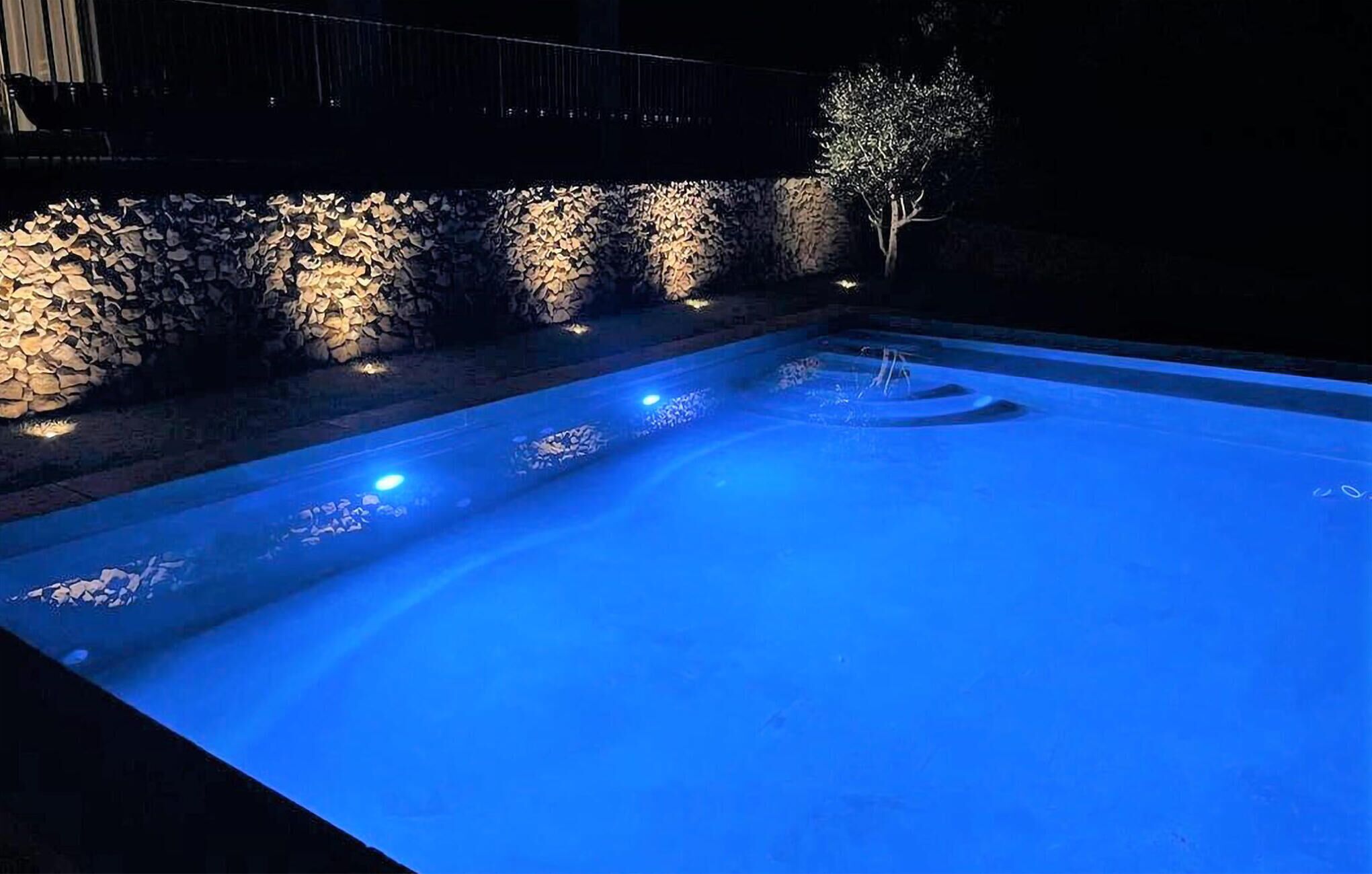 En swimmingpool med en stenmur och ett träd.