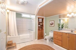 Combined shower/tub, jetted tub, hair dryer, towels